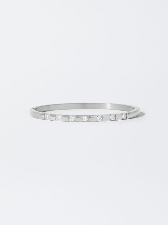Stainless Steel Bracelet With Zirconia, Silver, hi-res