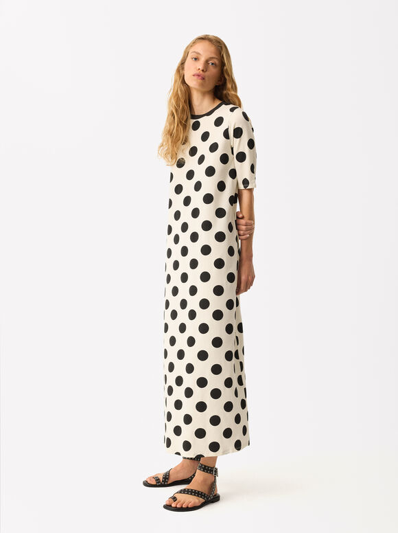 Online Exclusive - Langes Kleid Mit Polka Dots, Ekrü, hi-res