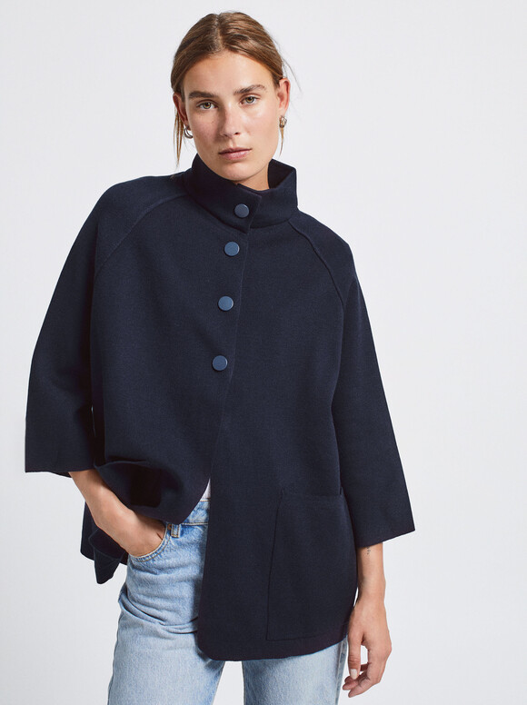 Knitted Poncho With Buttons, Blue, hi-res