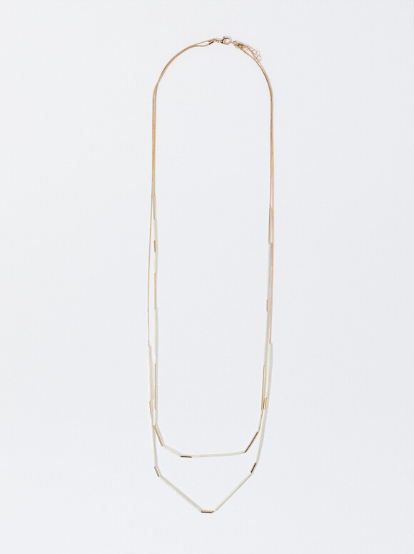 Enameled Golden Necklace, Beige, hi-res