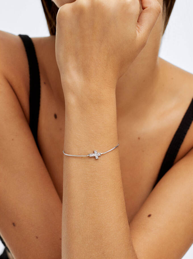 Bracelet With Cross And Zirconia, Silver, hi-res