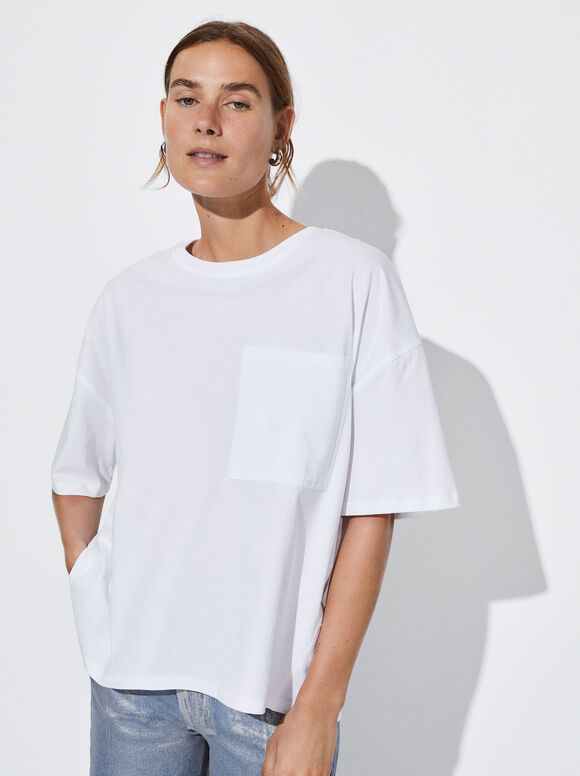 T-Shirt En Coton Avec Poche, Blanc, hi-res