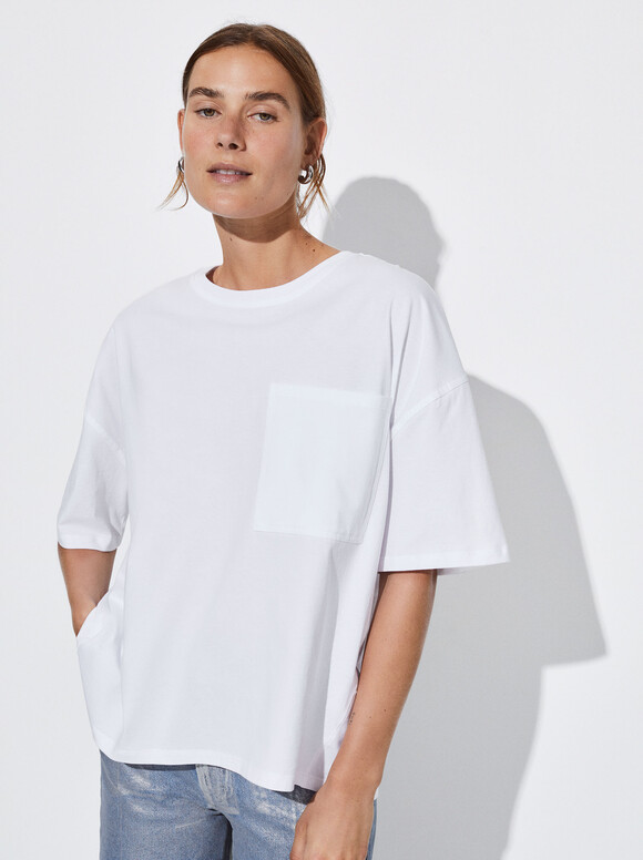 T-Shirt Algodão Com Bolso, Branco, hi-res