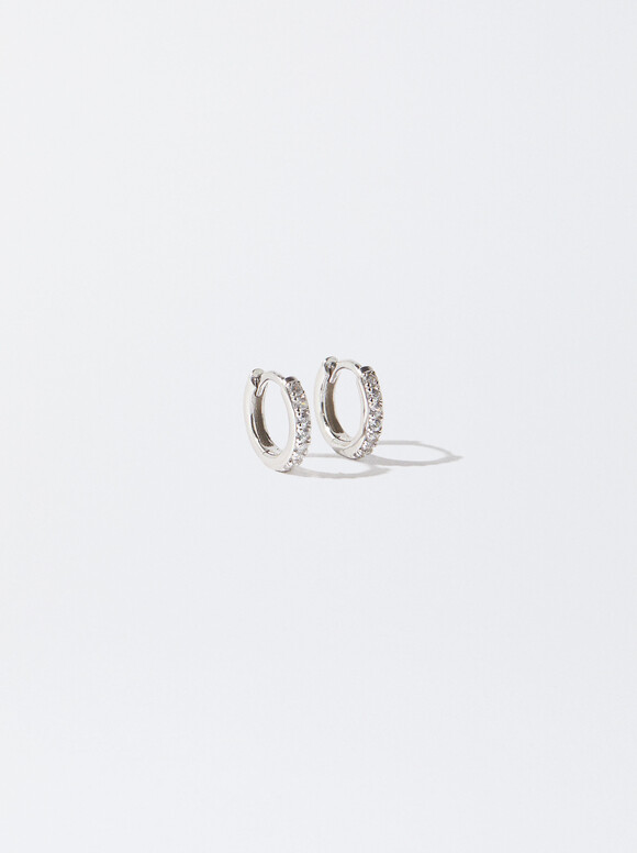 925 Silver Personalised Hoop Earrings With Zirconias, Silver, hi-res