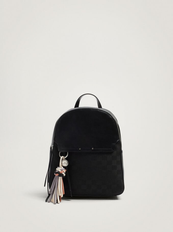 Patchwork Backpack With Pendant, Black, hi-res