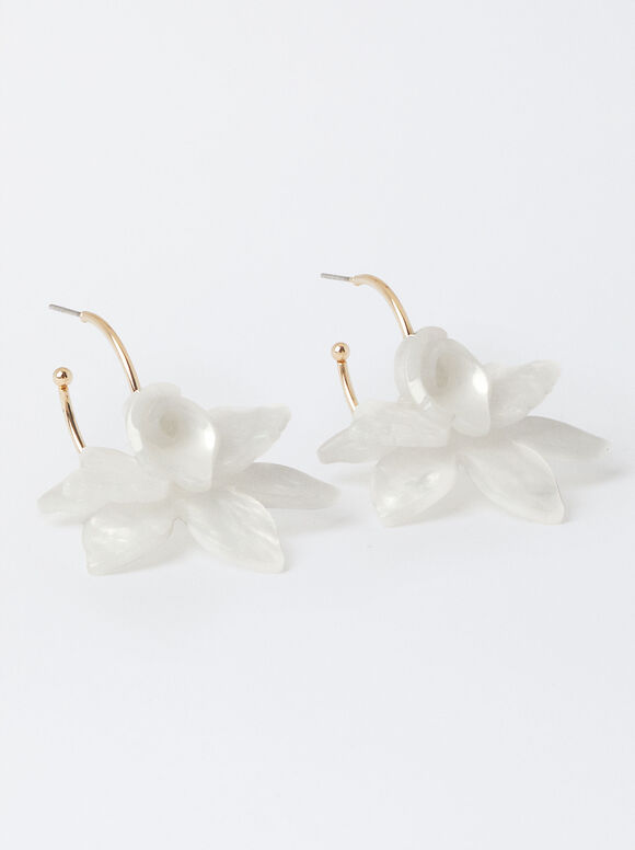 Flower Hoop Earrings, White, hi-res