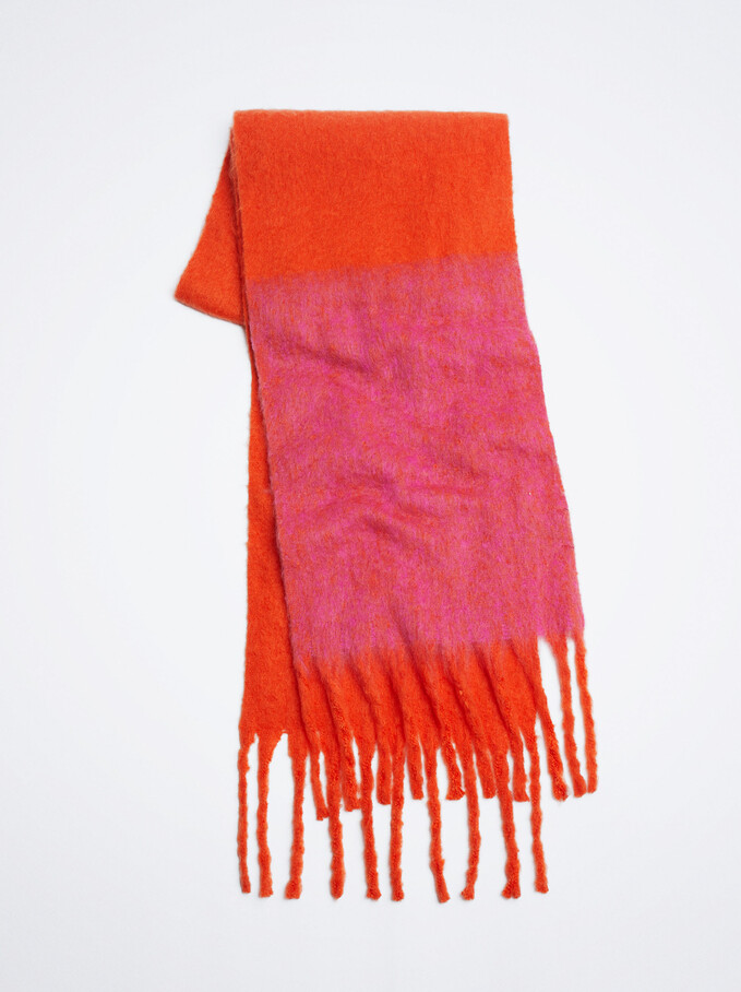 Blanket Scarf With Color Block, Red, hi-res