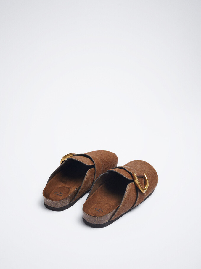 Fur Clogs With Buckle, Brown, hi-res