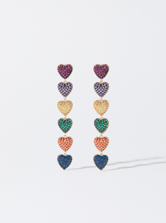 Boucles D'Oreilles Longues En Forme De Cœurs, Multicolore, hi-res