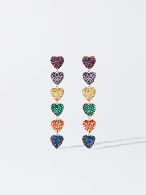 Boucles D'Oreilles Longues En Forme De Cœurs, Multicolore, hi-res