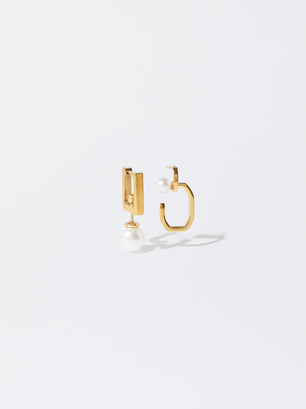 Asymmetrical Stainless Steel Earrings, Golden, hi-res