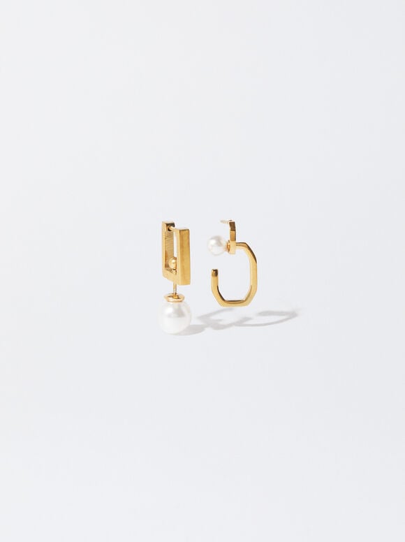 Asymmetrical Steel Earrings, Golden, hi-res
