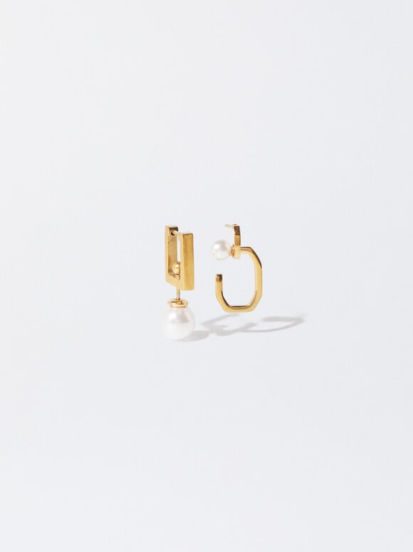 Asymmetrical Steel Earrings, Golden, hi-res