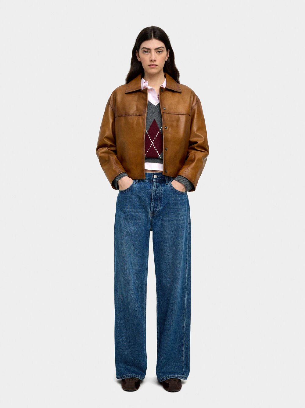 Chaqueta de piel con pespuntes