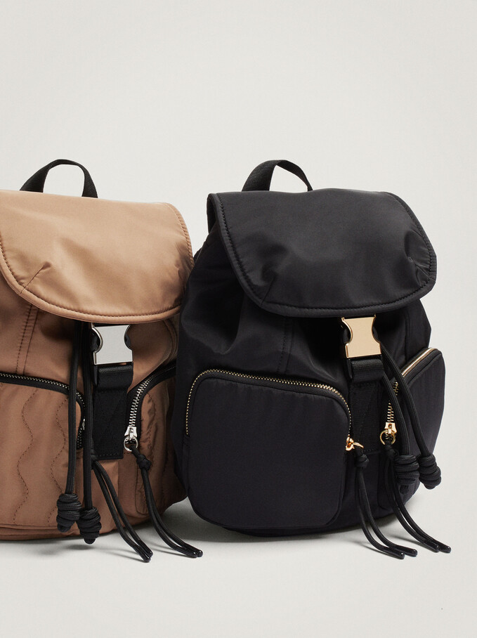 Nylon Backpack With Outside Pockets, Camel, hi-res