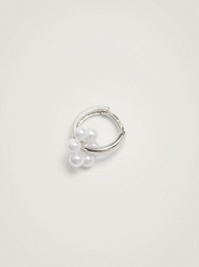 925 Silver Hoop Earrings With Pearls, White, hi-res
