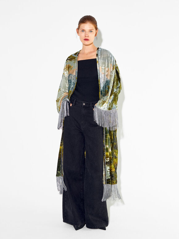 Velvet Kimono With Fringes, Multicolor, hi-res