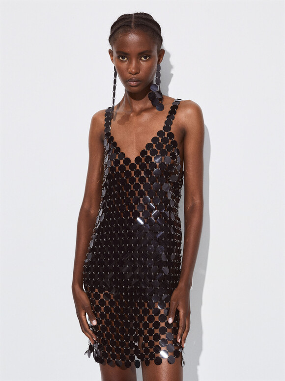 Robe Courte À Sequins, Noir, hi-res