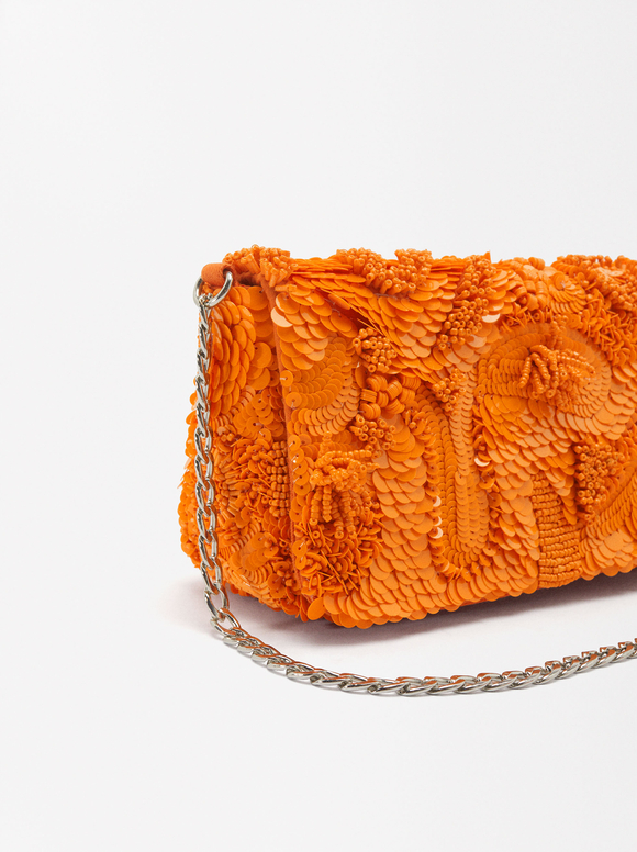Party Handbag With Sequins And Beads, Orange, hi-res