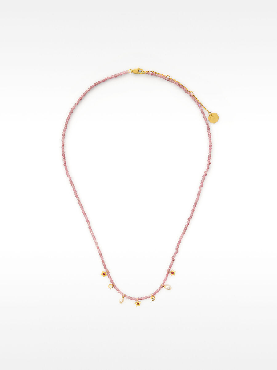 Stone bead necklace with freshwater pearl - sterling silver 925