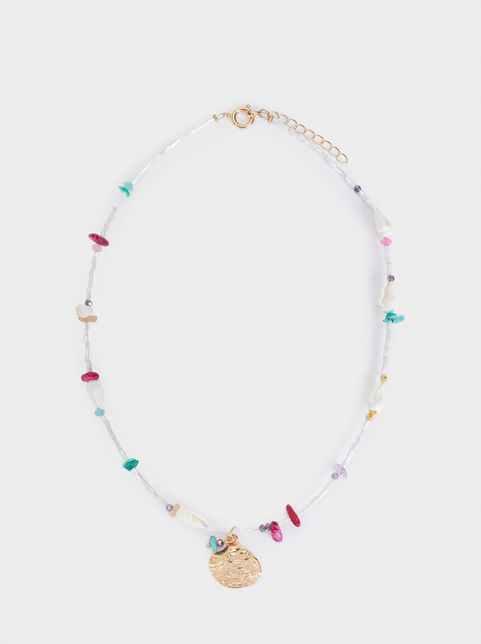 Short Necklace With Shell And Beads, White, hi-res