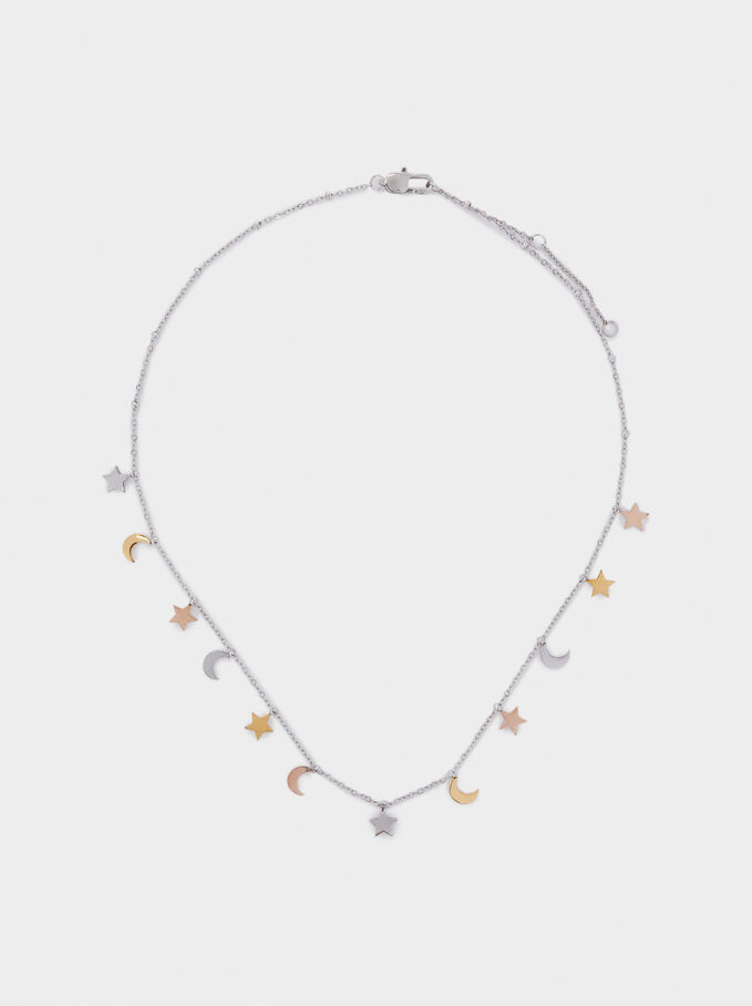 Short Stainless Steel Necklace With Moon And Star, Multicolor, hi-res