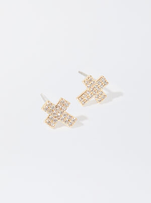 Silver-Plated Earrings With Cubic Zirconia And Crosses image number 2.0