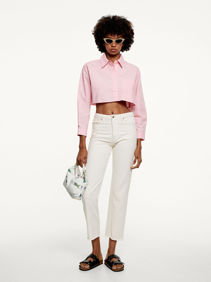 Cropped Cotton Shirt, Pink, hi-res