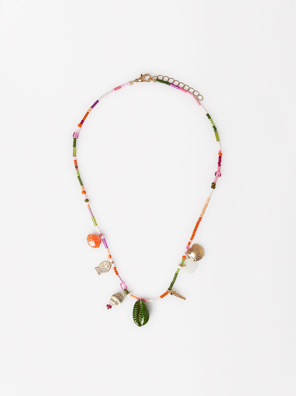 Short Necklace With Beads And Shells, Multicolor, hi-res