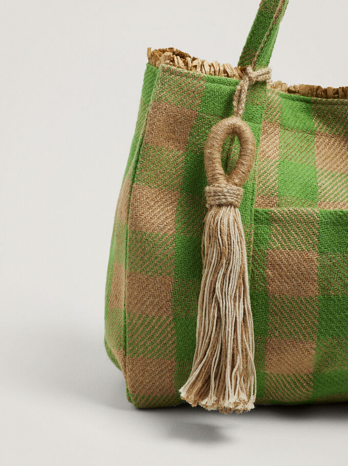 Gingham Shopper Bag With Pendant, Green, hi-res