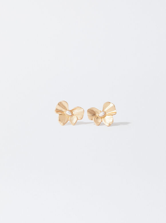 Gold-Toned Earrings With Faux Pearls And Flowers, Golden, hi-res