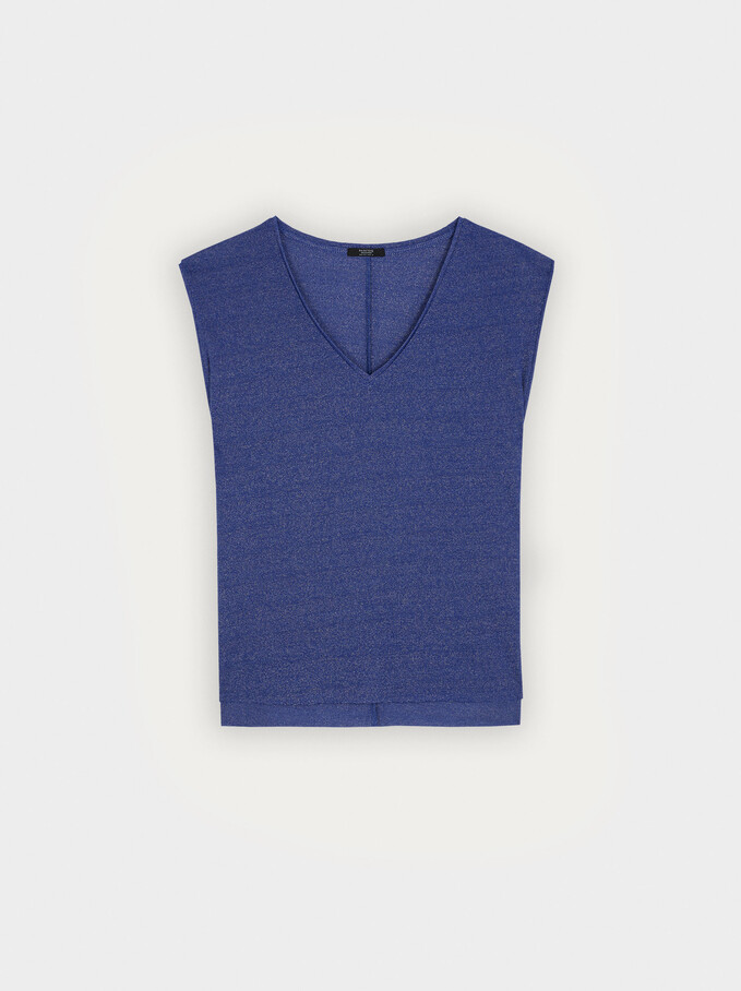 Lurex V-Neck T-Shirt, Blue, hi-res