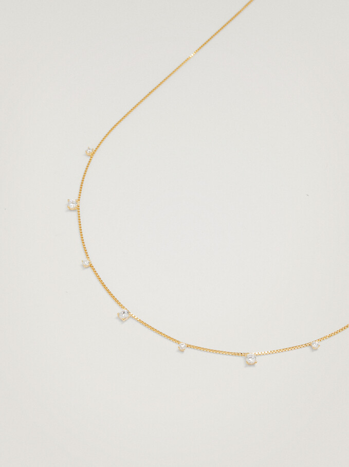 925 Silver Necklace With Zirconia, Golden, hi-res