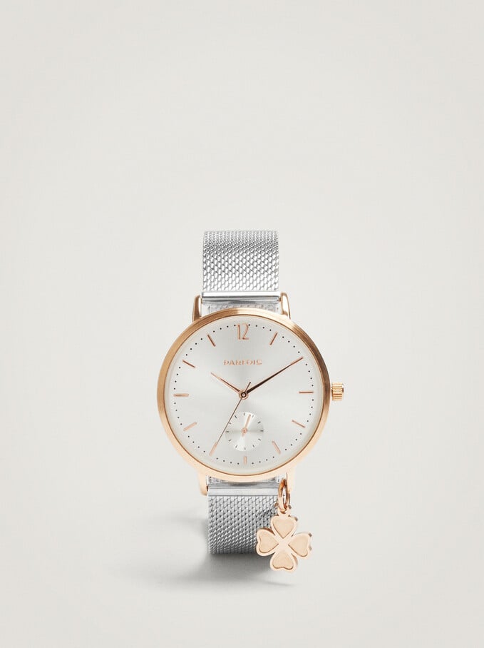 Watch With Metallic Mesh Strap And Clover, Silver, hi-res