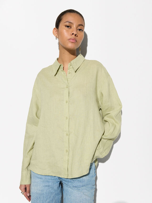 100% Linen Shirt, Green, hi-res