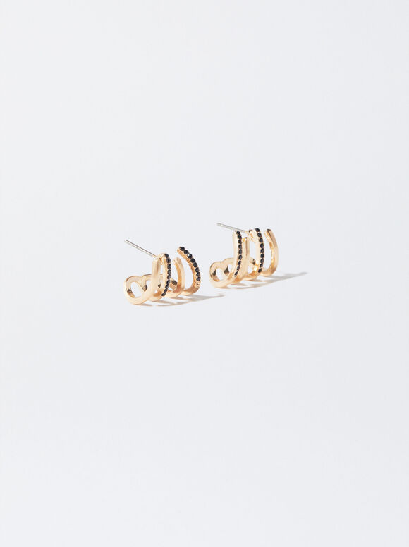 Gold-Toned Hoop Earrings With Cubic Zirconia, Black, hi-res