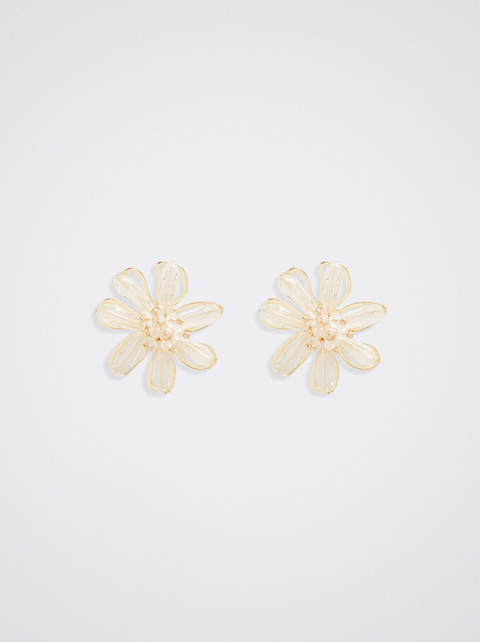 Flower Earrings With Beads, Golden, hi-res