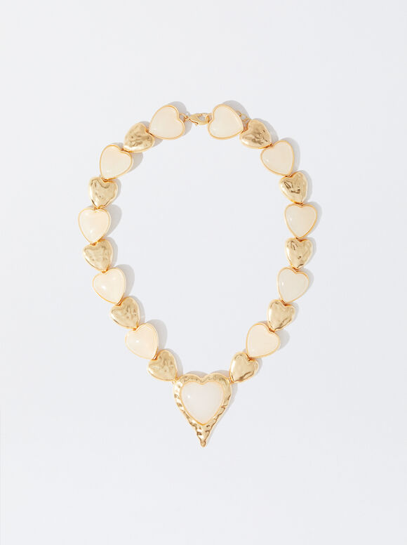 Golden Necklace With Hearts, Golden, hi-res