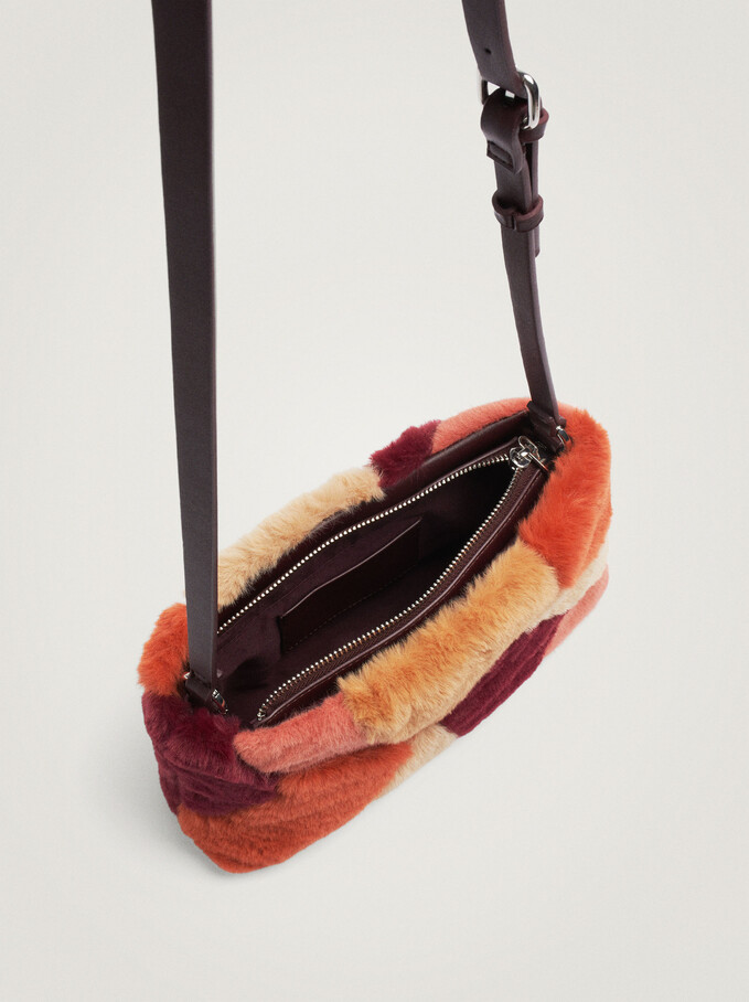 Faux Fur Handbag With Crossbody Strap, Brick Red, hi-res