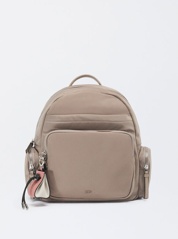 Nylon Backpack With Pendant, Brown, hi-res