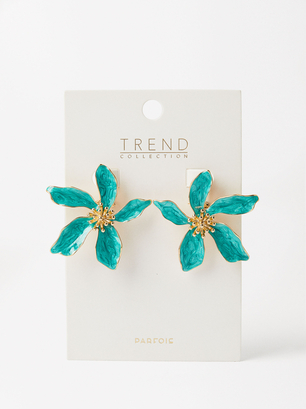 Enameled Flower Earrings, Blue, hi-res