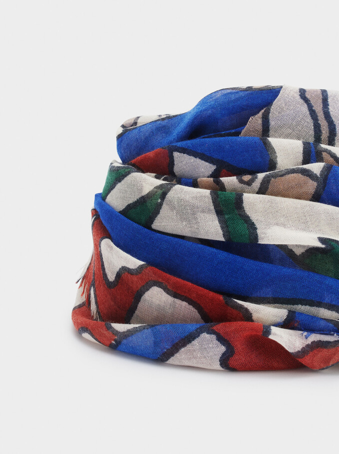 Printed Scarf Made From Recycled Materials, Blue, hi-res