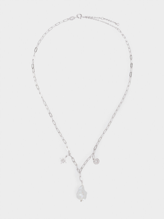 Short Silver 925 Necklace With Pearl And Charms, Beige, hi-res
