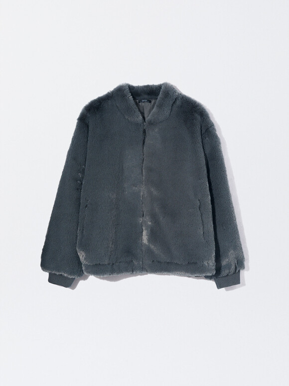 Fur Coat With Pockets, Grey, hi-res