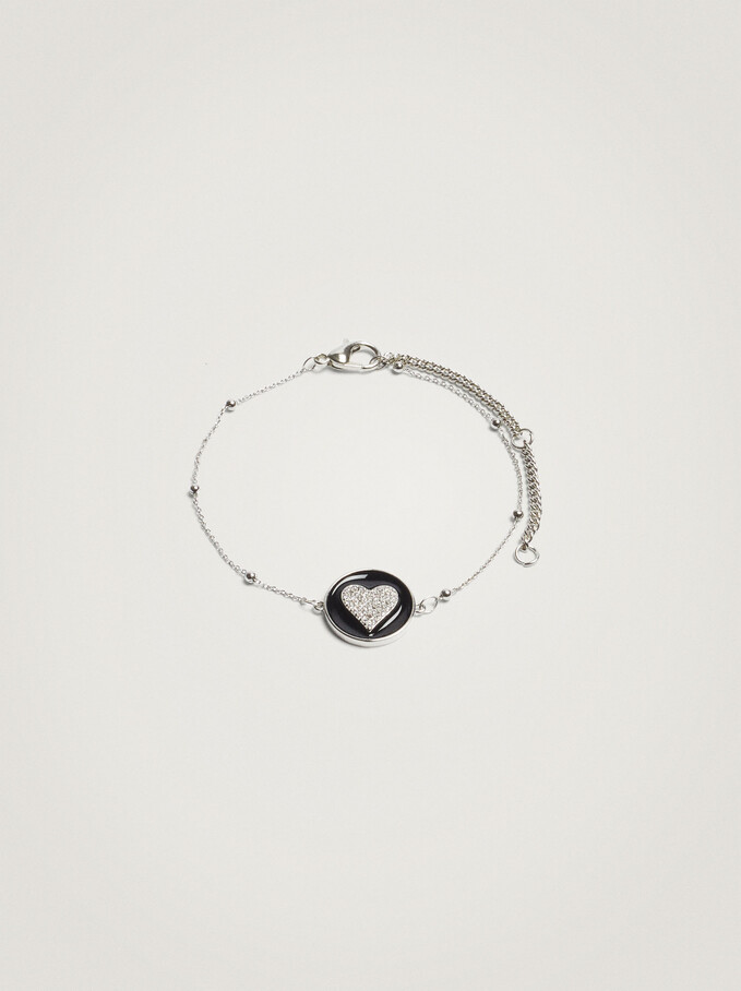 Adjustable Bracelet With Heart And Zirconia, Silver, hi-res