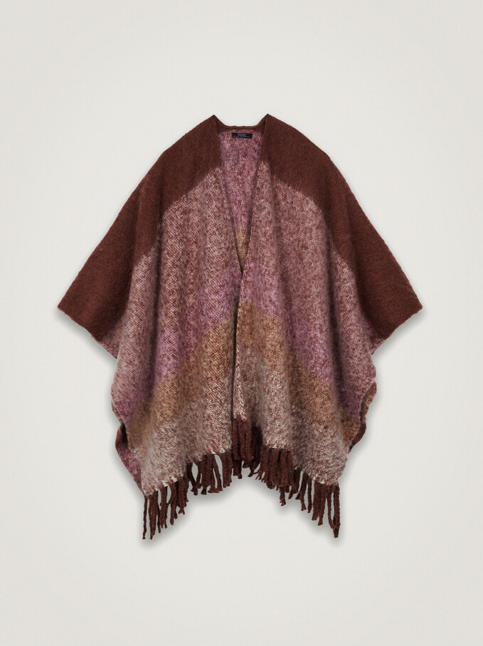 Knit Poncho With Fringes, Pink, hi-res