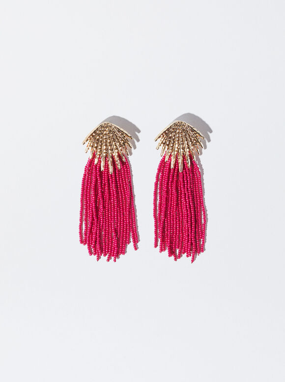 Clip Earrings With Beads, Fuchsia, hi-res