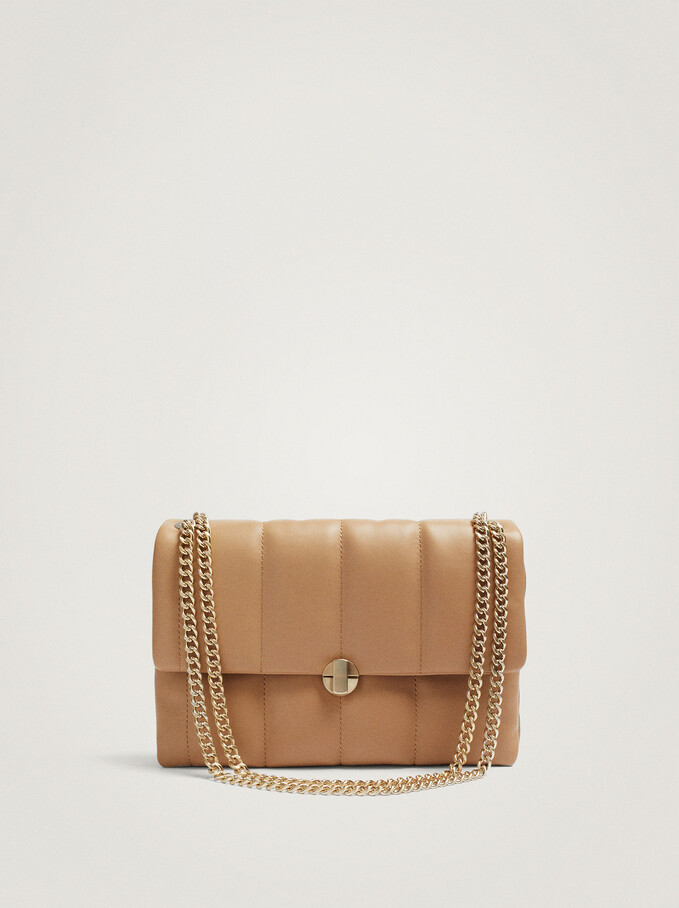 Quilted Crossbody Bag With Chain Handle, Beige, hi-res