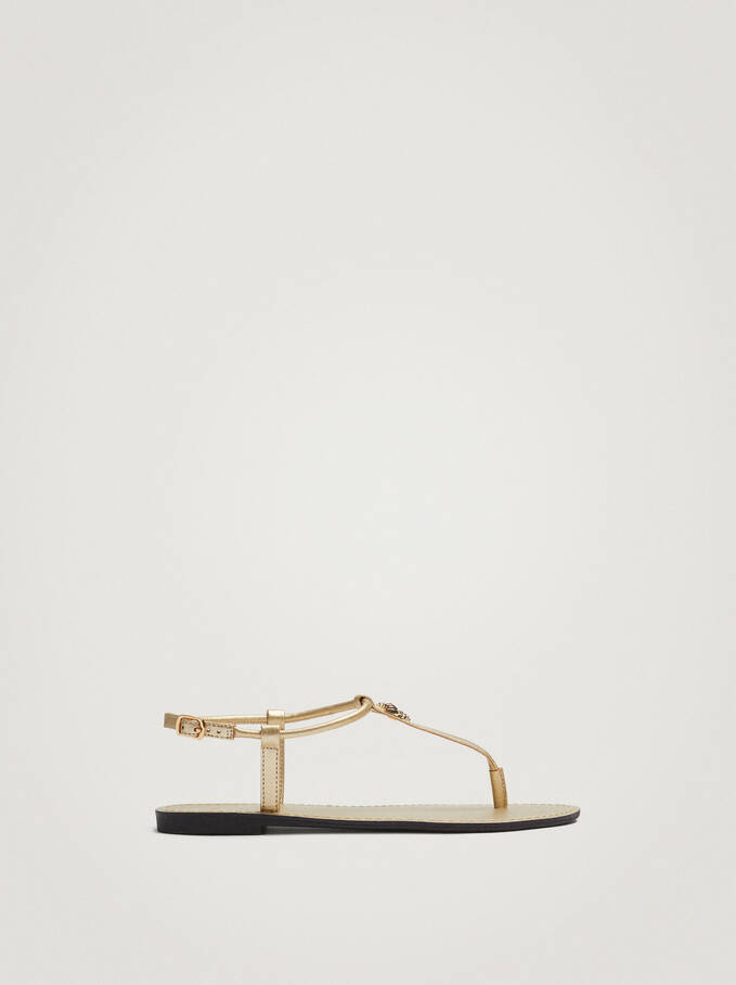 Flat Sandals With Metallic Detail, Golden, hi-res