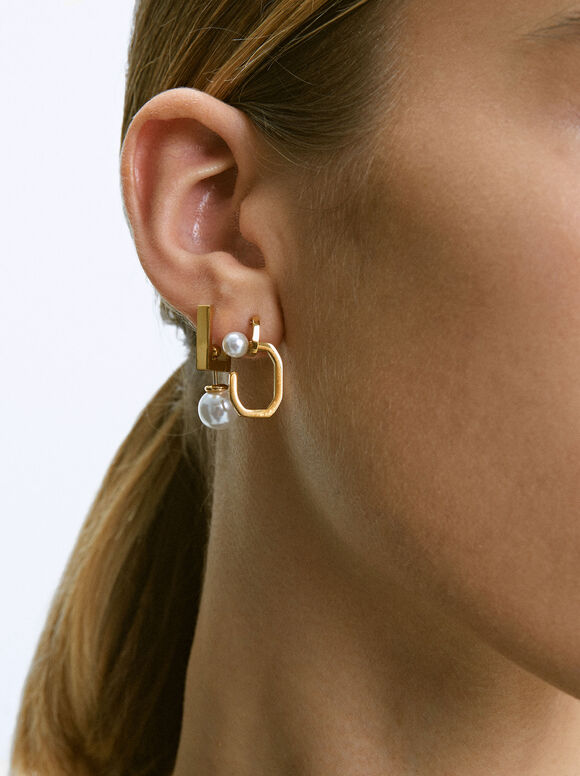 Asymmetrical Stainless Steel Earrings, Golden, hi-res